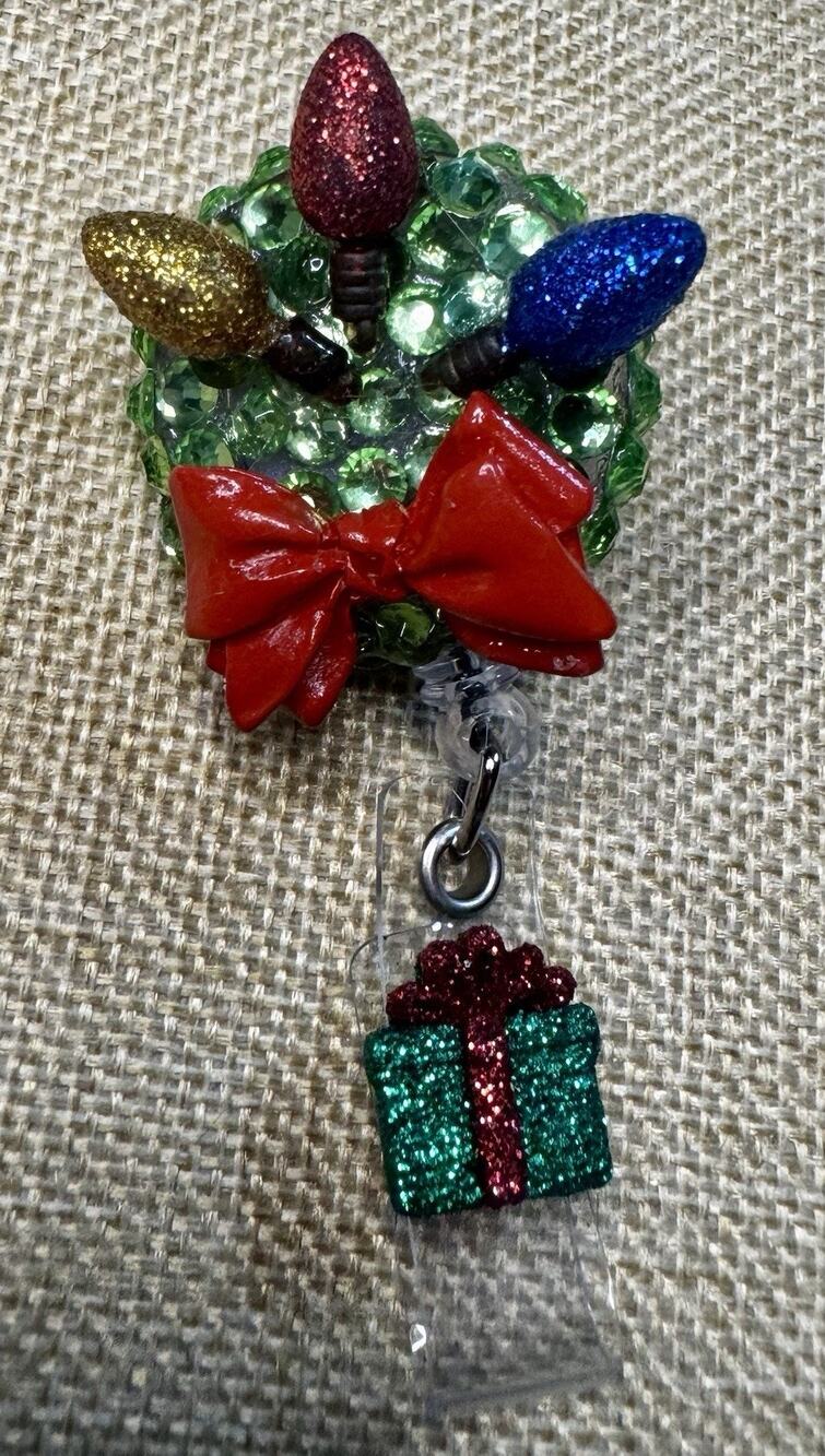 Christmas Light Wreath Retractable Badge Reel ID Holder Handmade